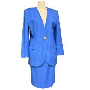 Vintage 1990s Jones New York Cerulean Blue Power Suit Size 14 Skirt Suit Blazer